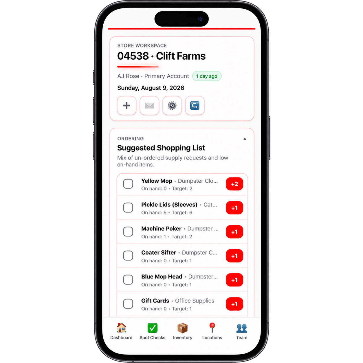 Smallwares Tracker phone mockup showing store workspace and suggested shopping list.